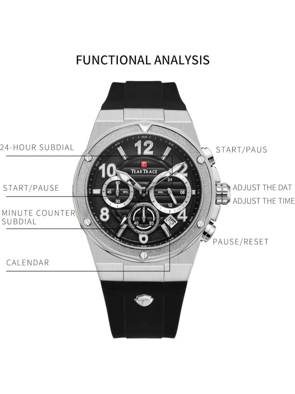 Men's Silver Analog Quartz Silicone Strap Chronograph Waterproof Luxury Watch